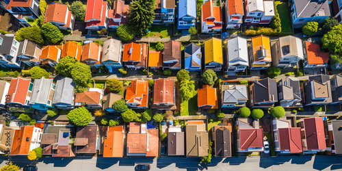 Family colorful houses in neighborhood with green trees, Aerial View © andreusK