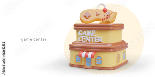 3D game center building, side view. Gaming cafe. Advertising of entertainment center for leisure. Virtual reality, computer, video games. Gamer community