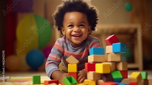 A young child engaged in imaginative play with colorful wooden blocks on the floor