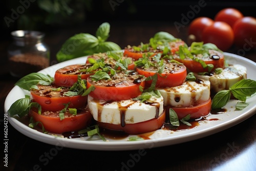 Delicious caprese salad with ripe tomatoes mozzarella cheese and fresh basil leaves.