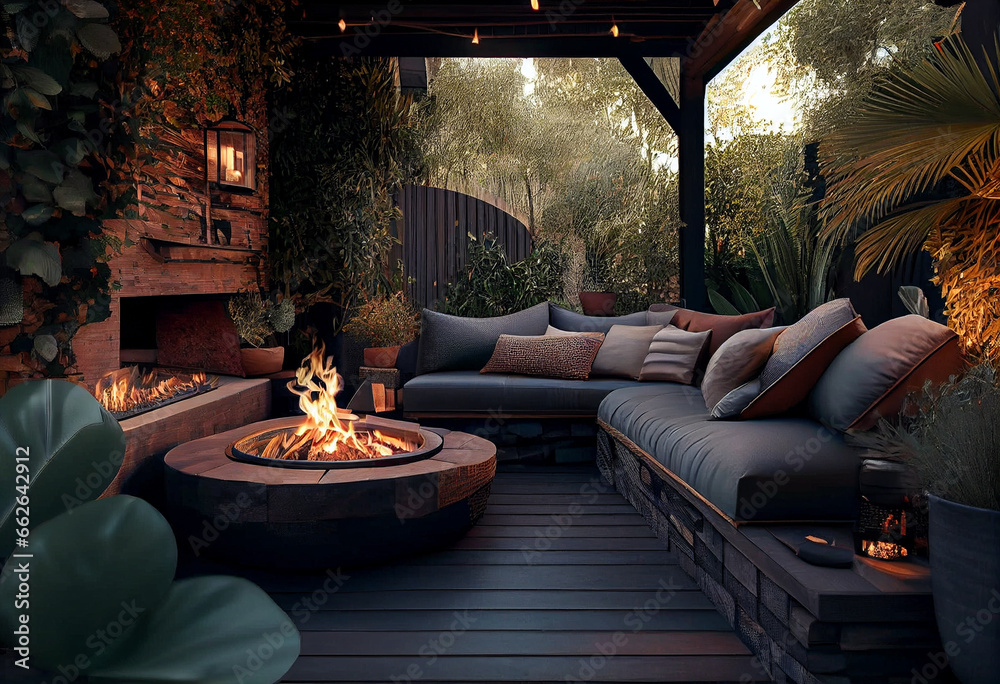 Zone for relax with a wooden floor and a tiled stair outdoors. There is a burning fire pit, gray sofas and armchairs, plaid, luminous lamps.