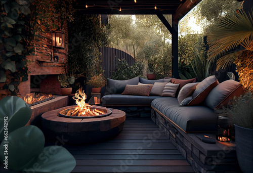 Zone for relax with a wooden floor and a tiled stair outdoors. There is a burning fire pit  gray sofas and armchairs  plaid  luminous lamps.
