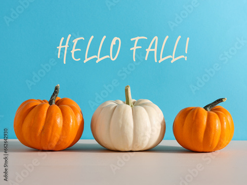 Raw Autumn pumpkins on wooden kitchen counter table against blue background with Hello Fall message.