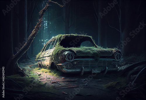 A broken car left in the woods
