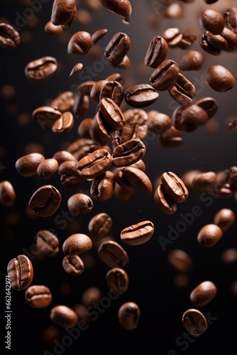 Roasted coffee bean falling in the air against dark background