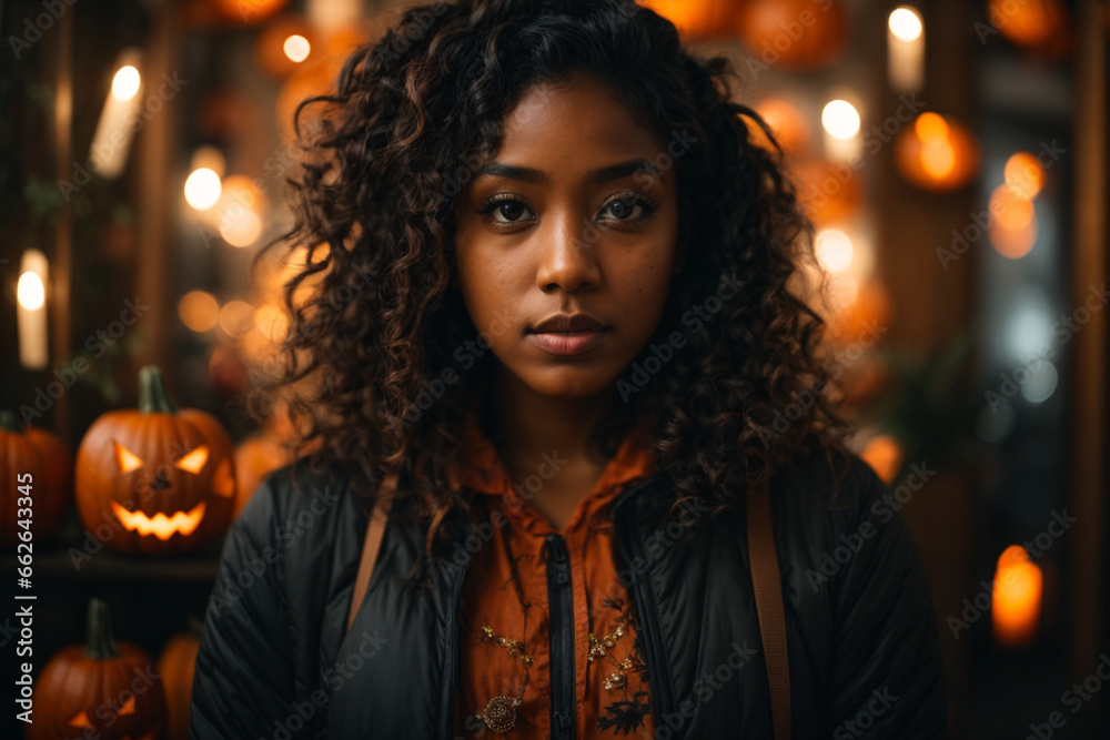 Giovane Donna di colore con capelli ricci, ritratto con sfondo autunnale, una zucca intagliata per halloween Giovane Donna di colore con capelli ricci, ritratto con sfondo autunnale, una zucca intagliata per halloween