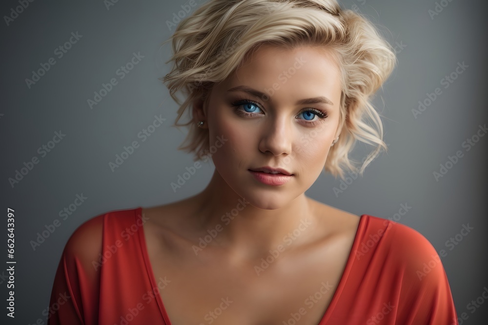 surprised attractive blonde woman in light red dress with short hair on solid grey background. Generative AI. surprised attractive blonde woman in light red dress with short hair on solid grey background. Generative AI.