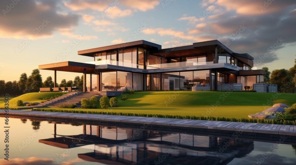 A beautiful house surrounded by a vibrant green landscape A beautiful house surrounded by a vibrant green landscape