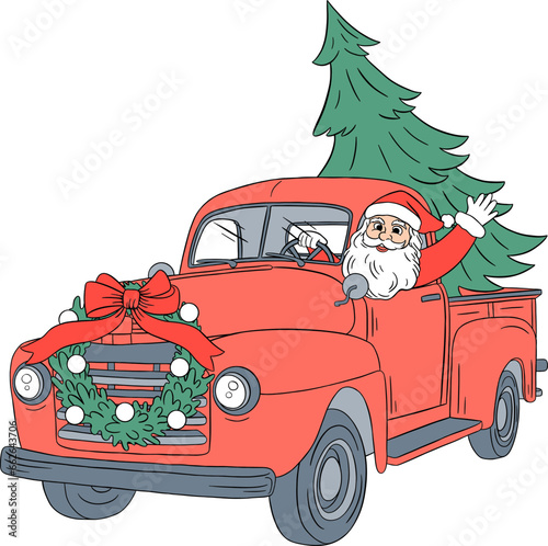 Santa Claus driving a red truck with a Christmas tree.