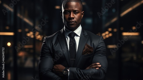 Stylish Close-up Portrait of Powerful Black Businessman Wearing Suit Standing in Modern Office