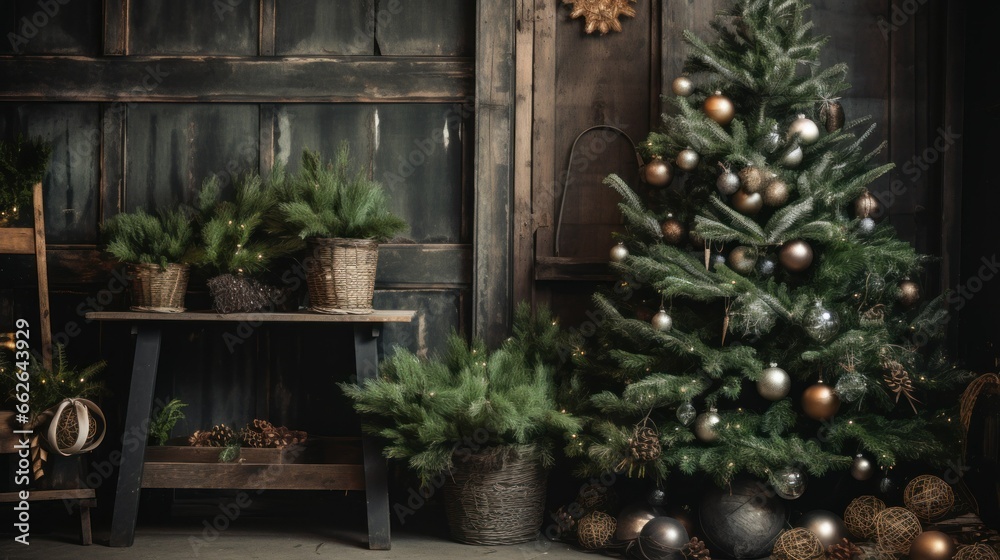 Fototapeta premium Rustic Christmas tree with natural earthy tones rustic decorations on wooden wall background. Rustic interior decorated for the new year. Christmas tree in a cozy living room