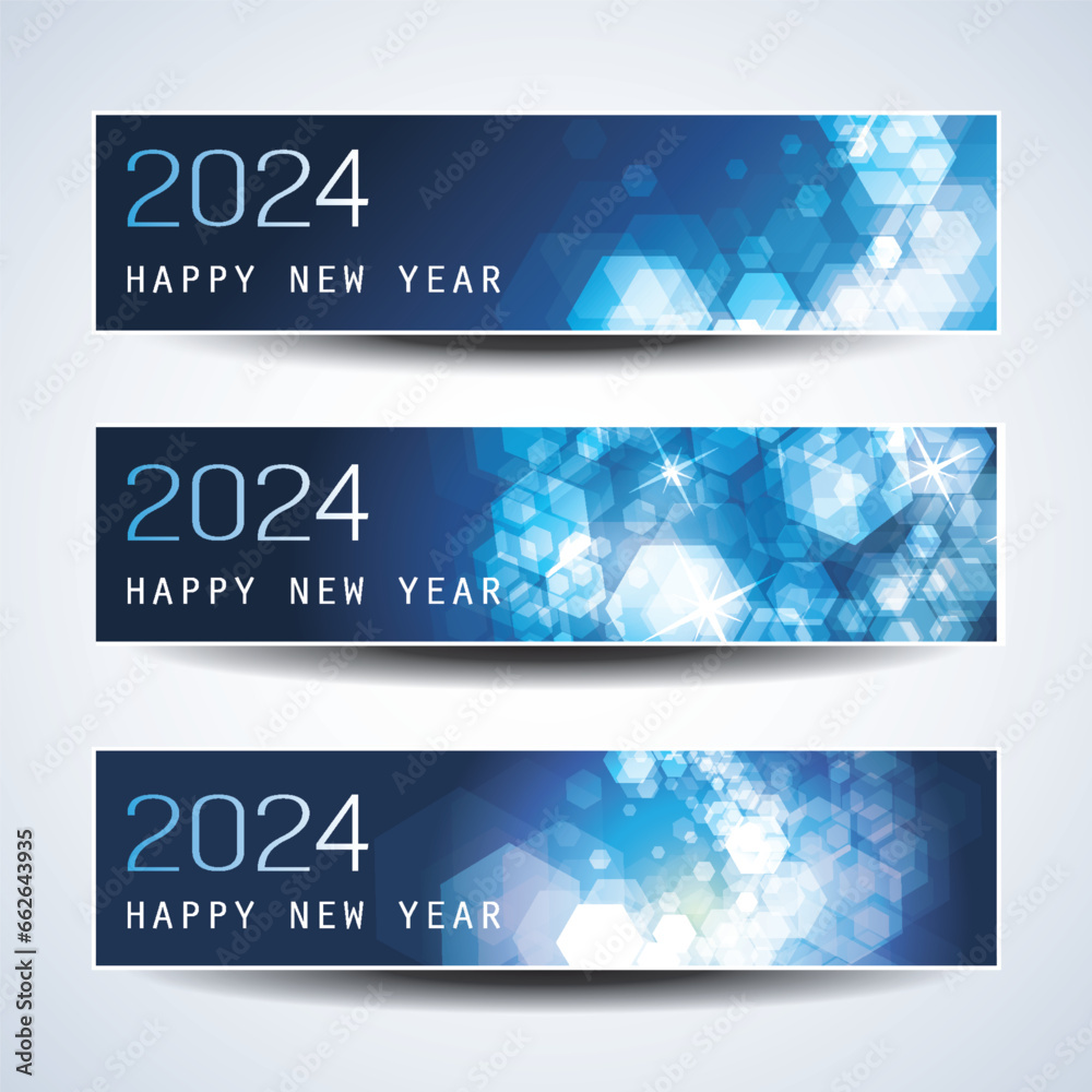 Set of Sparkling Shimmering Ice Cold Blue Horizontal Christmas, Happy New Year Headers or Banners for Web, Vector Design Template - 2024