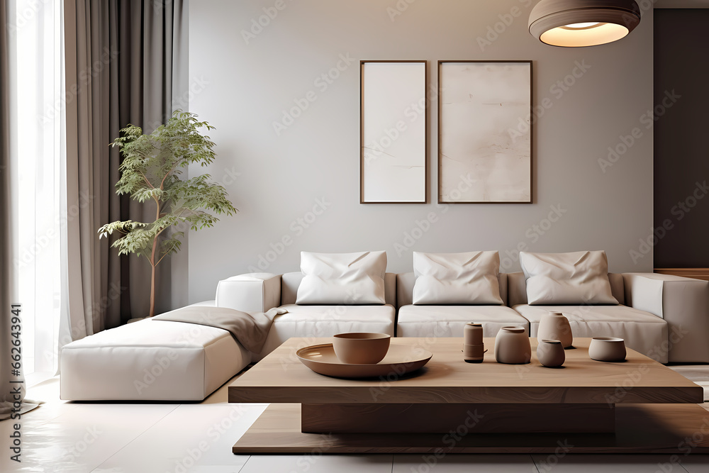 Naklejka premium White sofa and wooden square coffee table in a space with a poster-art-covered grey wall. Modern living room interior design in a minimalist style