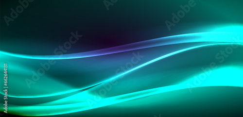 Dynamic waves in ethereal glow of neon lights. Concept merges fluidity of motion with vibrant allure of neon, crafting entrancing backdrop that embodies both vitality and futuristic sophistication