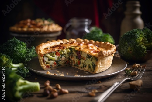 Pie vegetables broccoli. Summer crust dish vegetable lunch. Generate Ai