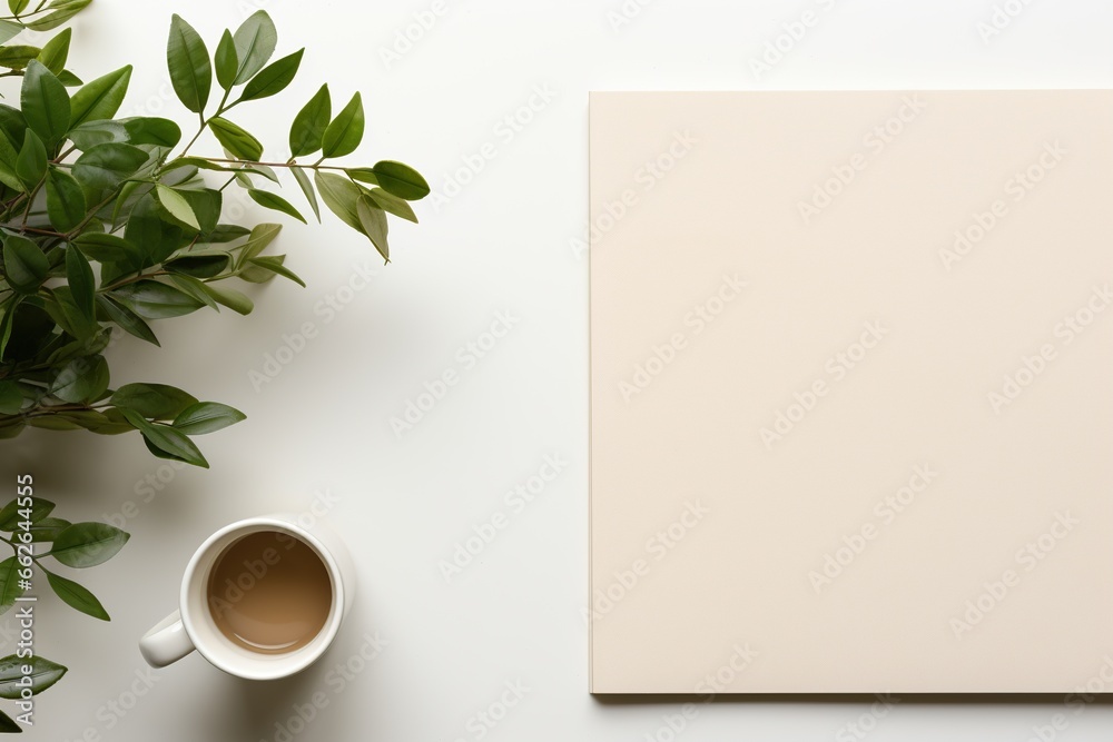Blank notebook with white sheets and plant on a white table. Business concept Blank notebook with white sheets and plant on a white table. Business concept