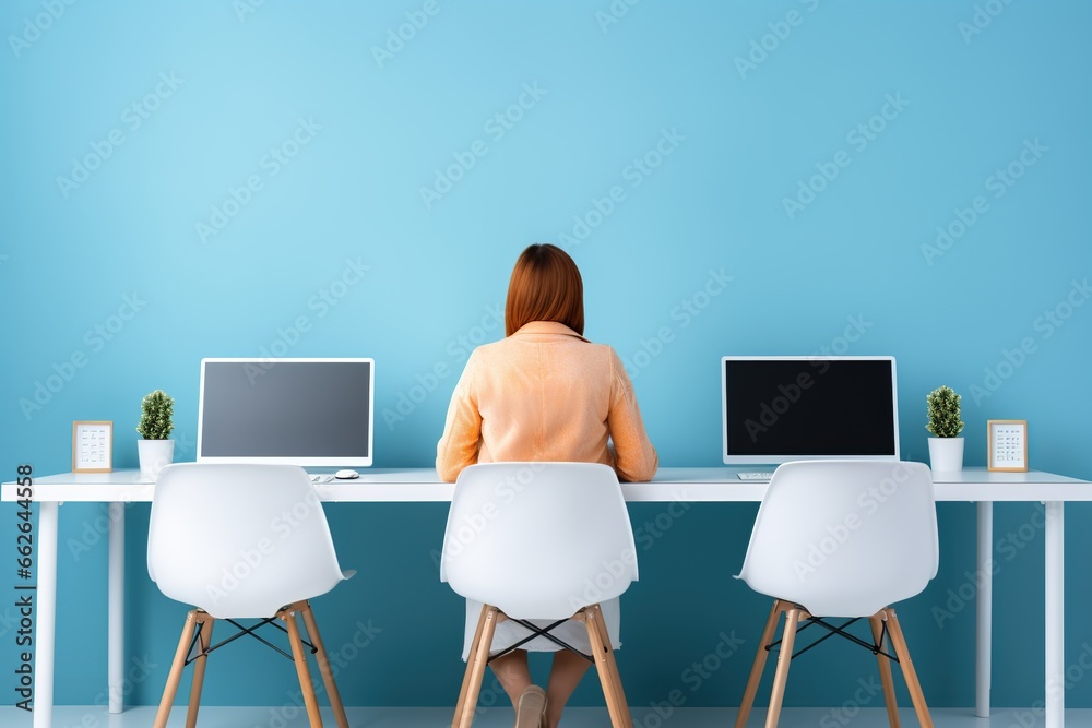 Woman working at a desk with computers. Internet and computer use concept. - obrazy, fototapety, plakaty 