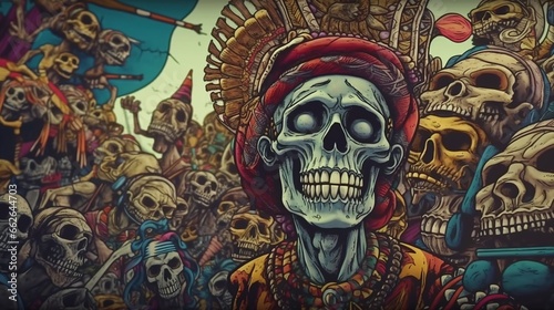 A dead voodoo shaman surrounded by an army of skeletons. Fantasy concept , Illustration painting.