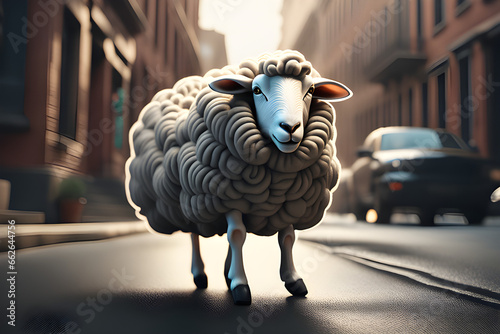 Draw a sheep walking down the streets of America. generative ai
