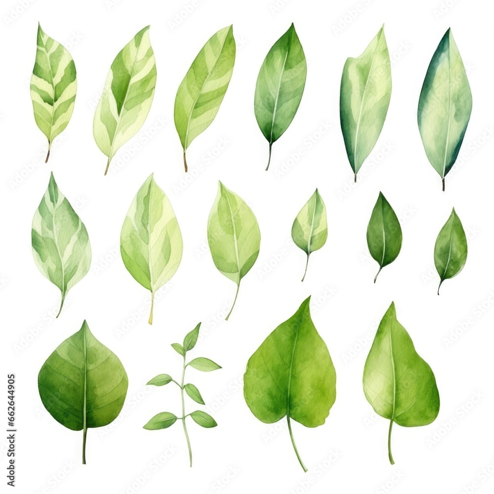 Set of watercolor green leaves on white background Set of watercolor green leaves on white background