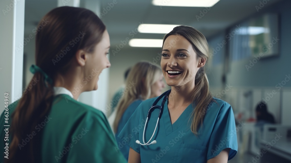 Two women in scrubs having a conversation in a hospital setting Two women in scrubs having a conversation in a hospital setting