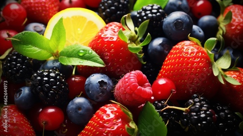 A colorful assortment of berries and a vibrant lemon photo