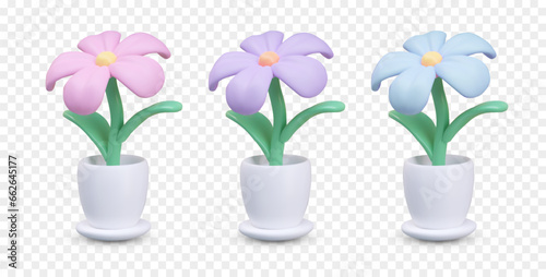 Set of pots with different flowers in pink, purple and blue colors. Flowers in 3d cartoon style. Collection of models for flower shop concept. Vector illustration