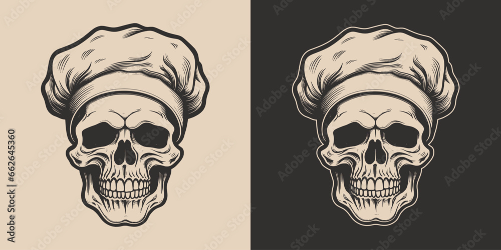 Set of vintage skull cook chef in hat uniform. Can be used for restaurant food menu emblem logo. Graphic Art. Vector. Hand drawn element in engraving