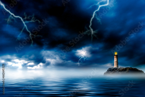 ocean with stormy sky and a lighthouse