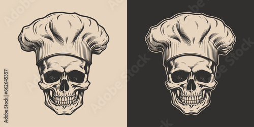 Set of vintage skull cook chef in hat uniform. Can be used for restaurant food menu emblem logo. Graphic Art. Vector. Hand drawn element in engraving
