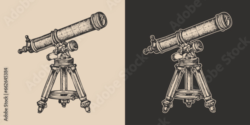 Set of vintage retro style telescope. Galaxt spave star planet watching. Science exploration vibe. Graphic Art