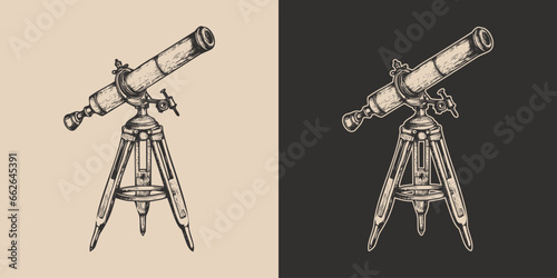 Set of vintage retro style telescope. Galaxt spave star planet watching. Science exploration vibe. Graphic Art