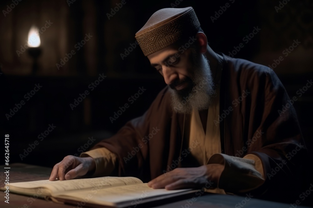 Quran man interpreting reading evening. Spiritual pray god, people culture. Generate Ai Quran man interpreting reading evening. Spiritual pray god, people culture. Generate Ai