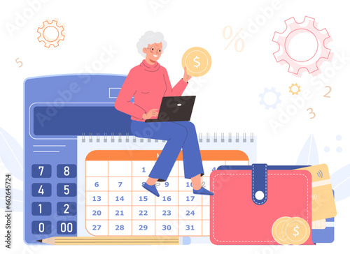 Financial literacy of elderly people. Retirement budget planning. Woman is sitting with gold coins on background of calendar. An elderly woman plans her budget.
