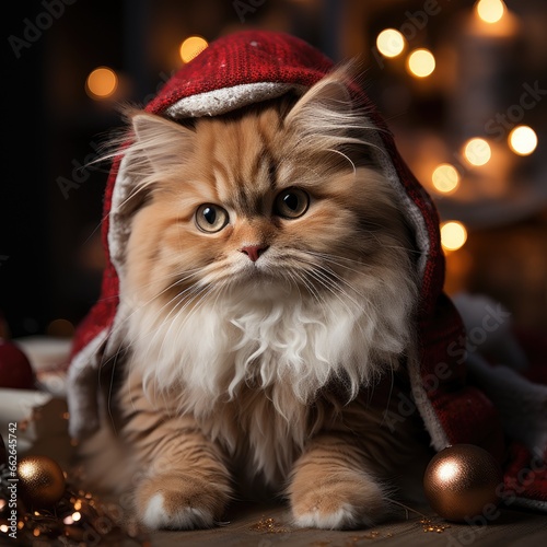 Cat wearing Santa hat on bokeh backdrop.