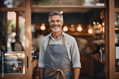 Portrait of happy man standing at doorway of his store. Cheerful mature waiter waiting for clients at coffee shop. Successful small business owner in casual wearing grey apron photo