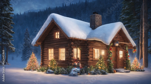 House in the forest, House in winter, House in the mountains, Forest landscape with winter house and festive Christmas trees, Christmas landscape © Tilak