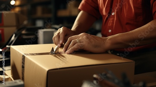 A man using scissors to cut a box