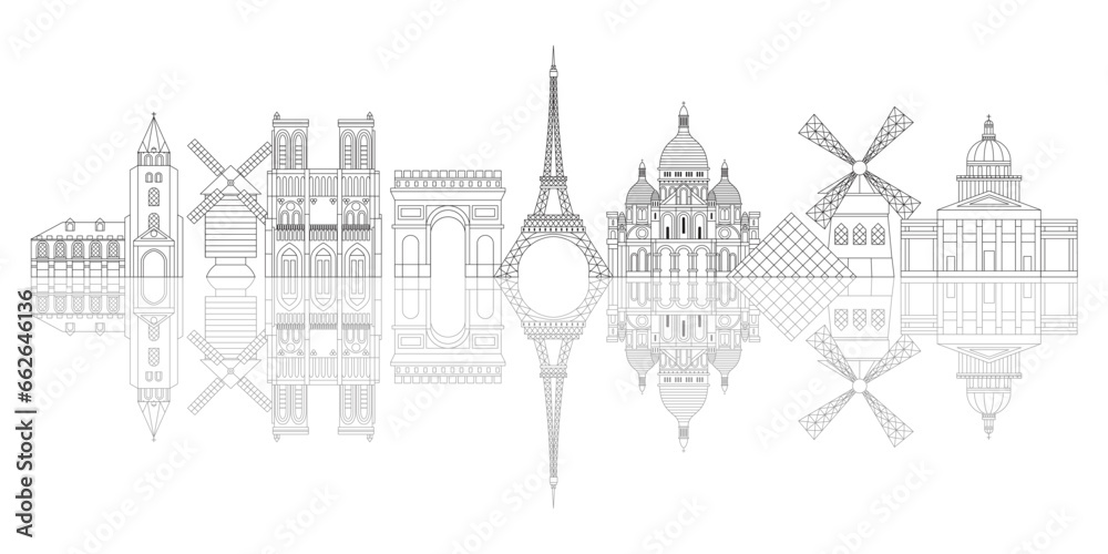 Naklejka premium Paris Skyline Line Art Minimalist Banner
