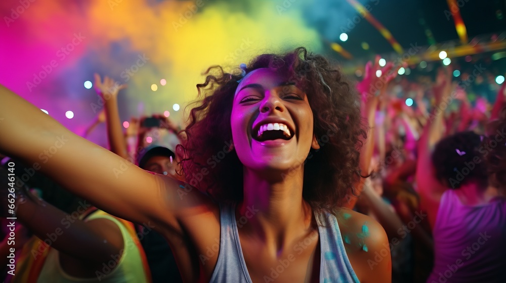 A woman raising her arms in excitement at a concert