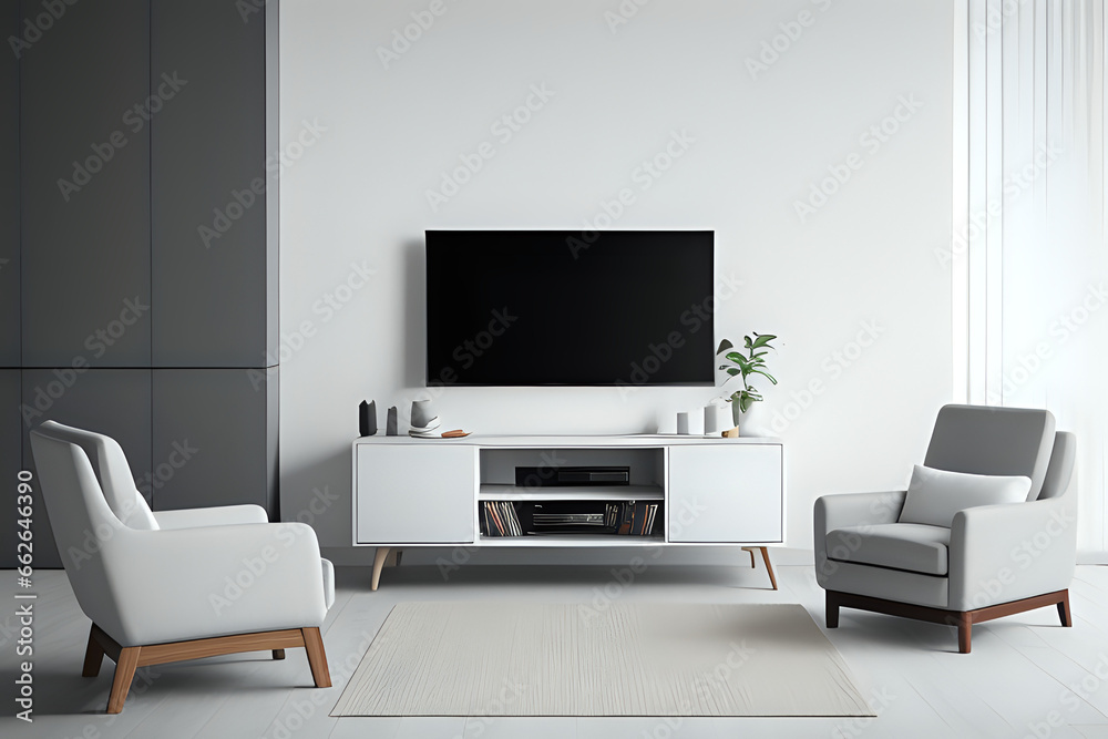 Mockup a cabinet TV wall mounted with armchair in living room with a white cement wall. Mockup a cabinet TV wall mounted with armchair in living room with a white cement wall.