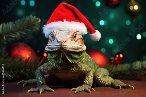 lizard in santa hat and christmas tree with bokeh background © dashtik
