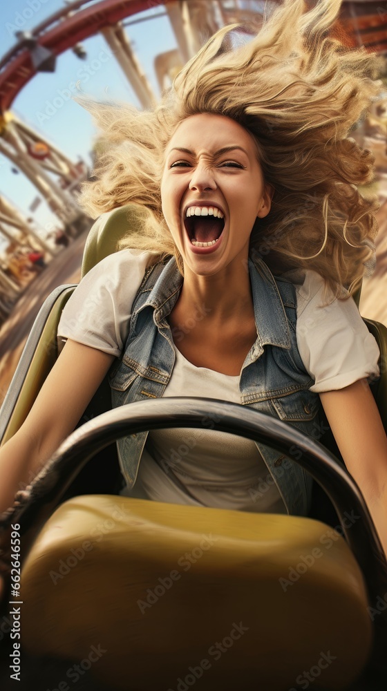 A young woman has fun on a roller coaster in an amusement park