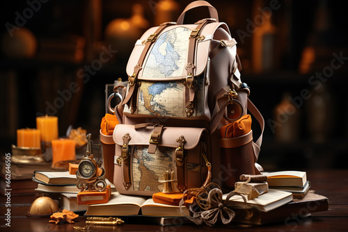Explorer's backpack with accessories in the room, Backpack, map and compass for camping tourism, a traveler set, concept. AI Generative.
