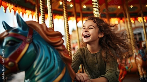 A young kid has fun on a carousel in an amusement park © Daniel