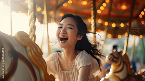 A young woman has fun on a carousel in an amusement park