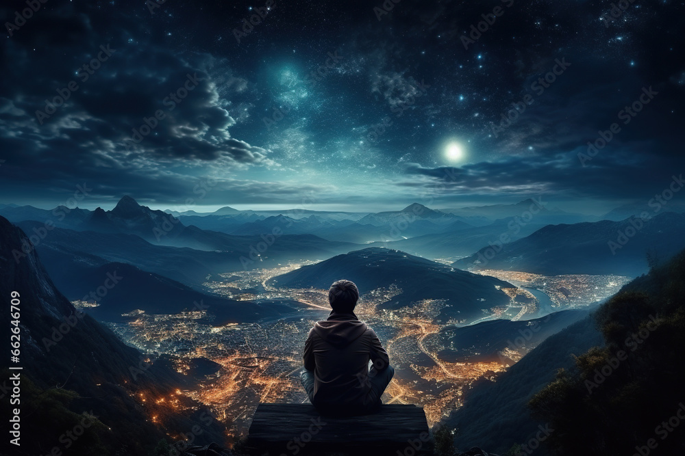 Man alone look at the mountains, at starry night, travel concept, AI Generative..