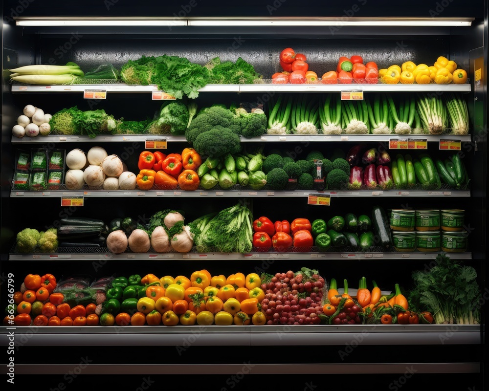 Fresh fruit and vegetable shelves in a supermarket