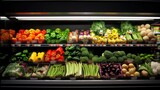 Fresh fruit and vegetable shelves in a supermarket