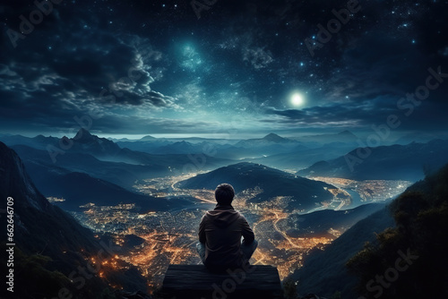 Man alone look at the mountains  at starry night  travel concept  AI Generative..